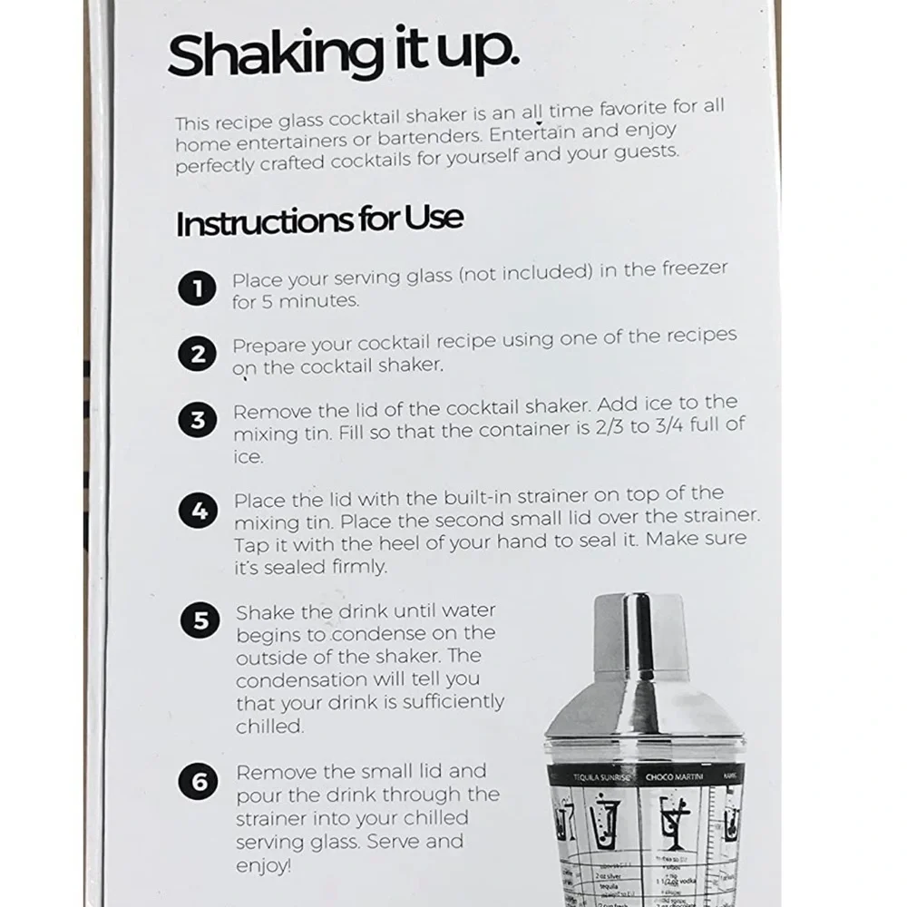 Recipe Cocktail Shaker Stainless Steel Glass Recipes Shaker 16 OZ NWT New In Box